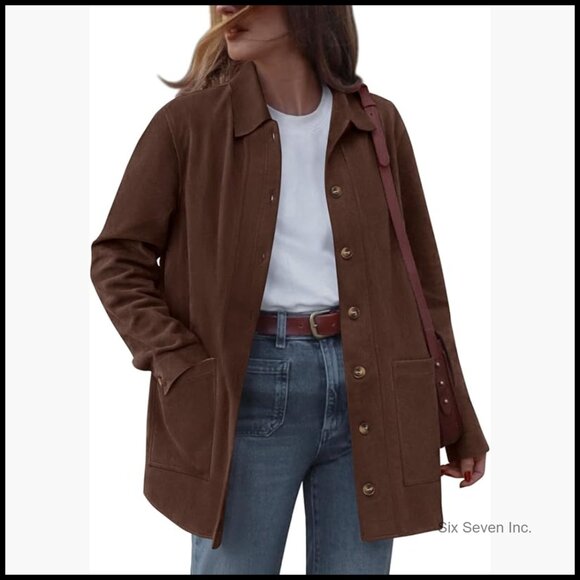 Jackets & Blazers - Faux Suede Jacket Women Long Sleeve Button Down Winter Coat Shacket